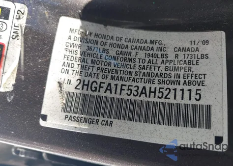 2010 Honda Civic Lx from USA, damaged, VIN 2HGFA1F53AH521115